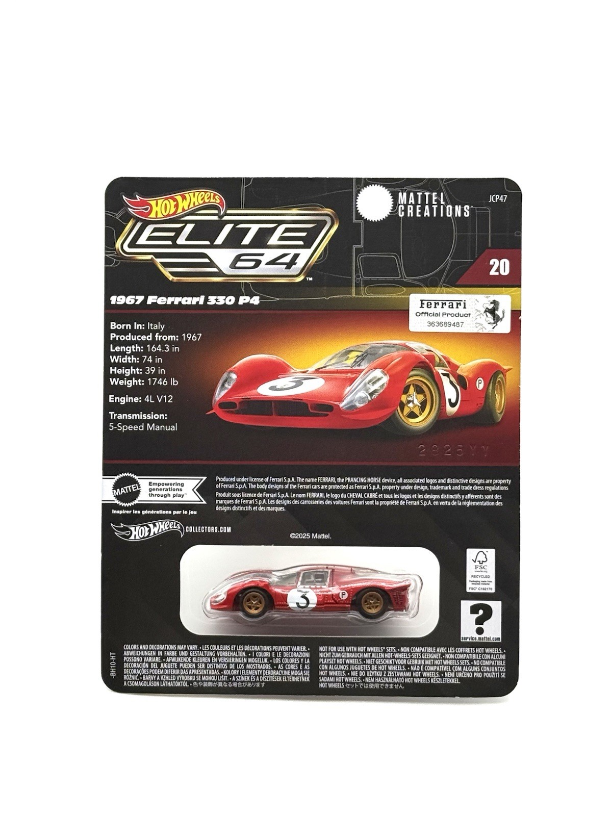 Hot Wheels Elite 64 1967 Ferrari 330 P4 Red - Mattel Creations Exclusive - NEW!