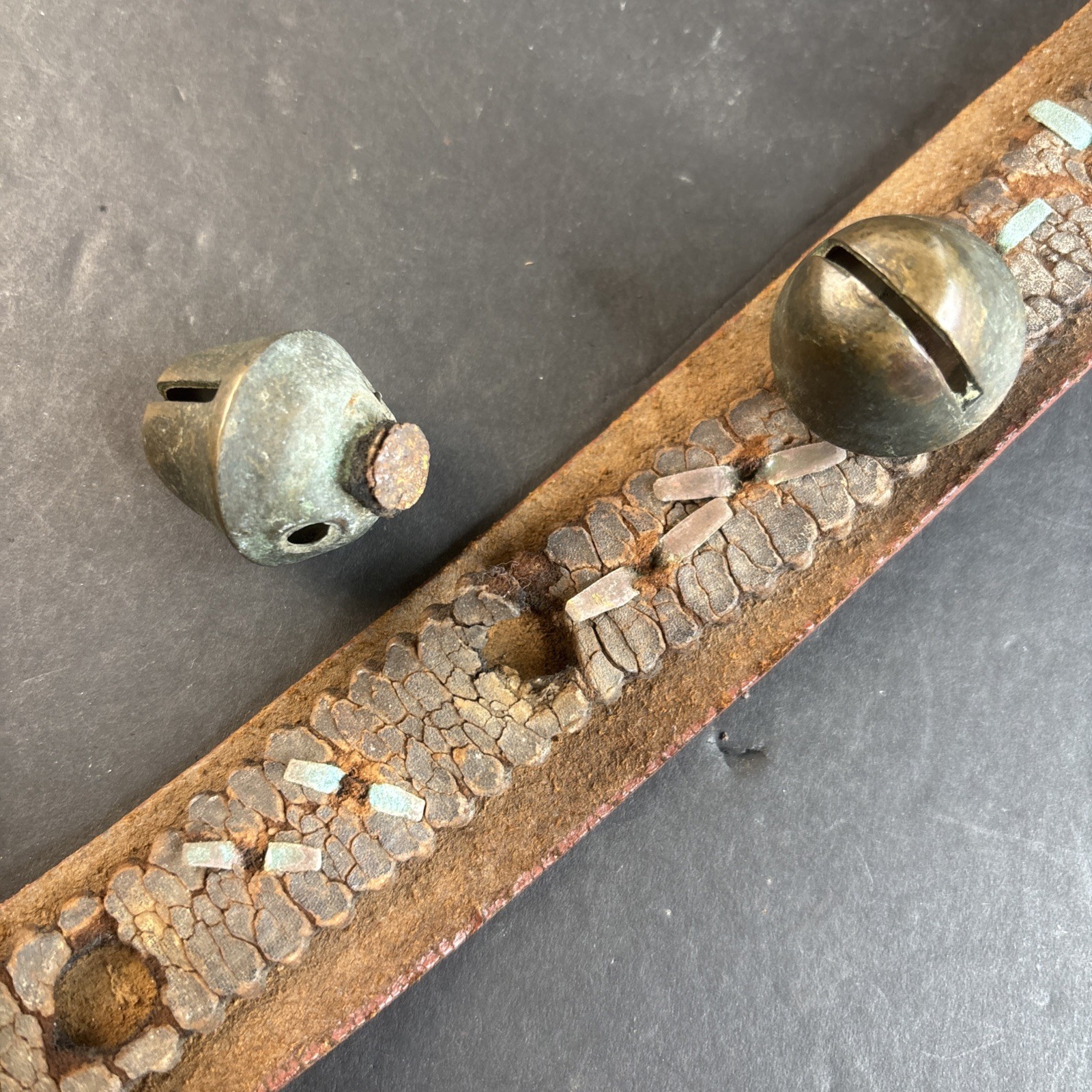 Antique 11 Brass Acorn Sleigh Bells on 41" Leather Strap w/ Copper Rivets VIDEO