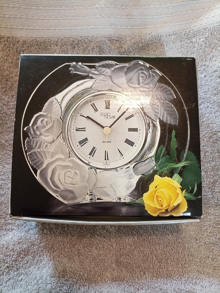 Studio Nova Lead Crystal Table Clock - Rose Pattern - Japan/Germany **NIB**