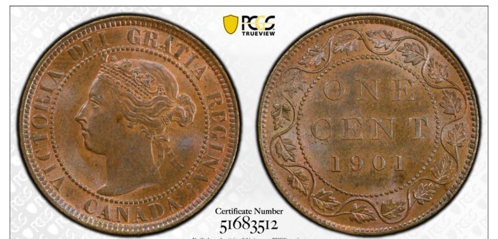 1901 CANADA 1 CENT COPPER COIN PCGS MS63BN
