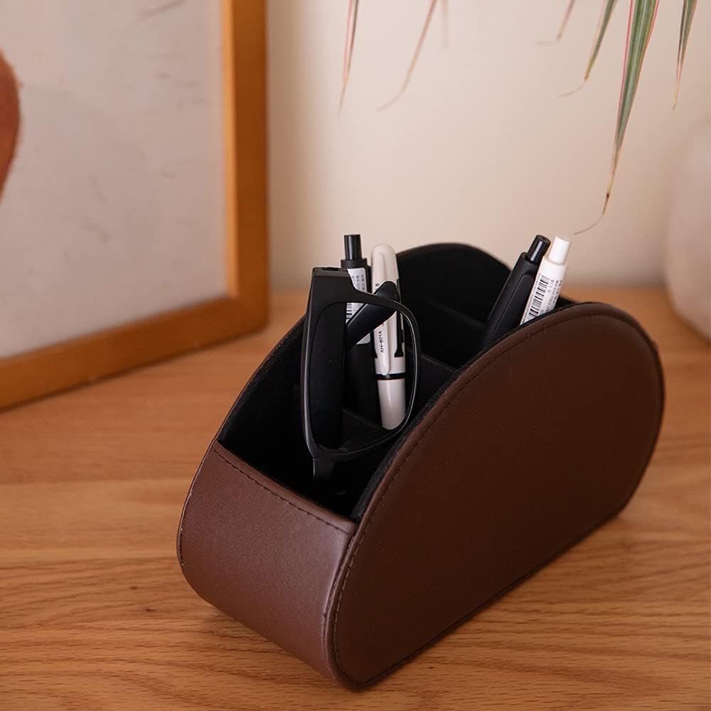 Remote Control Holder Organizer Table Desk Leather Control Storage Dark Brown