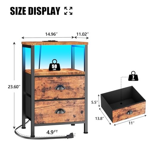 Nightstand with Charging Station, End Table 1 PC Rustic Brown drawer on bottom