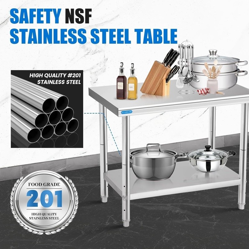Heavy Duty Stainless Steel Prep Work Surface Adjustable Undershelf NSF Certified