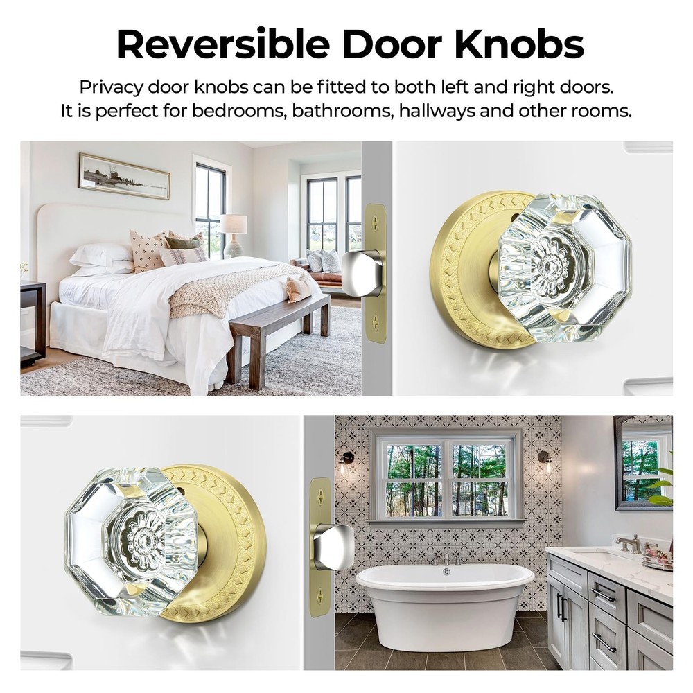 Glass Door Knobs with Lock, Gold Satin Brass Crystal Door Knobs Interior for ...