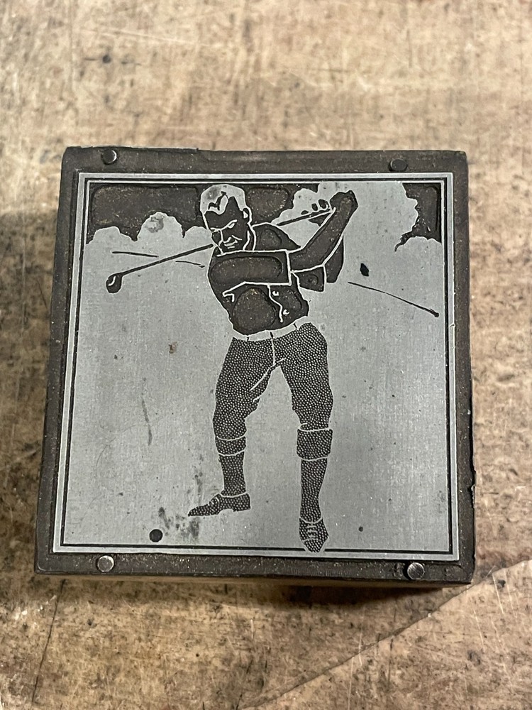 Printing Letterpress Printers Block Man Playing Golf / Swing (929)