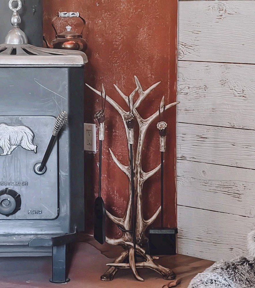 Rustic Antler Fireplace Tool Set Lodge Style 3 Tools w/ Stand 31”