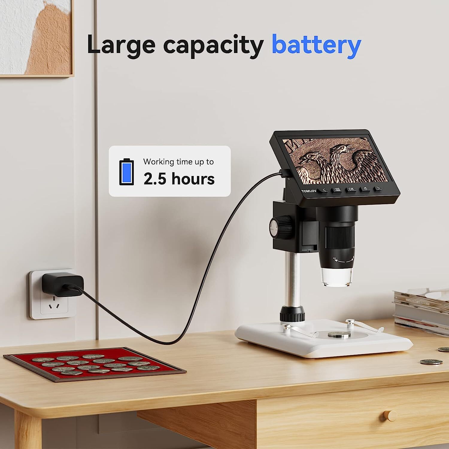 TOMLOV Digital Microscope Coin magnifier Camera 4.3" HD 720P 1000X Magnification