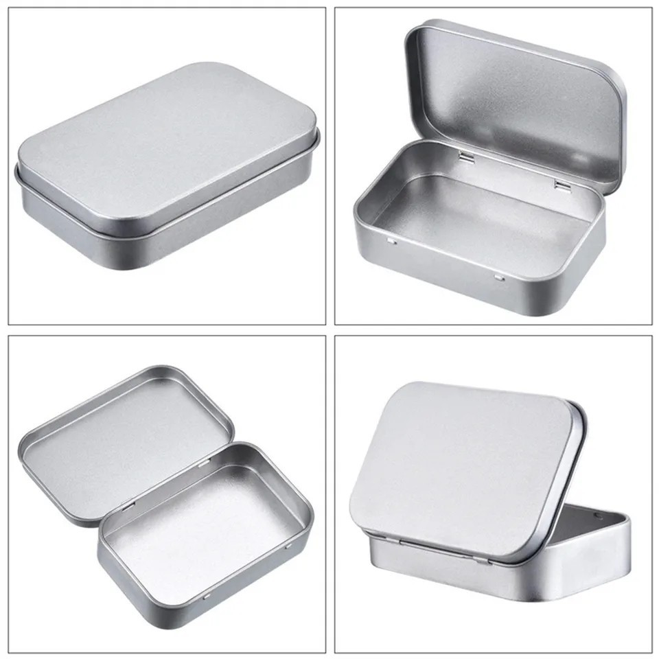 Metal Rectangular Mini Tin Storage Box with Lid Portable Organizer Case