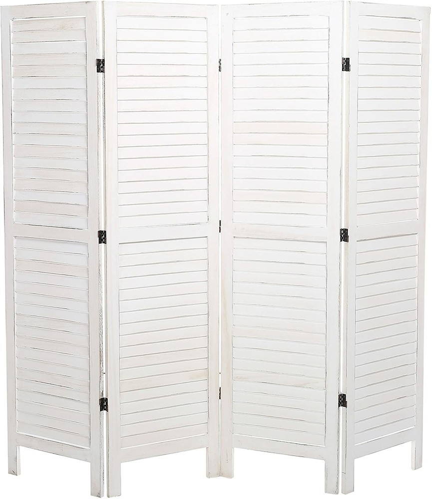 MyGift Whitewashed Wood 4 Panel Screen, Folding Louvered Room Divider