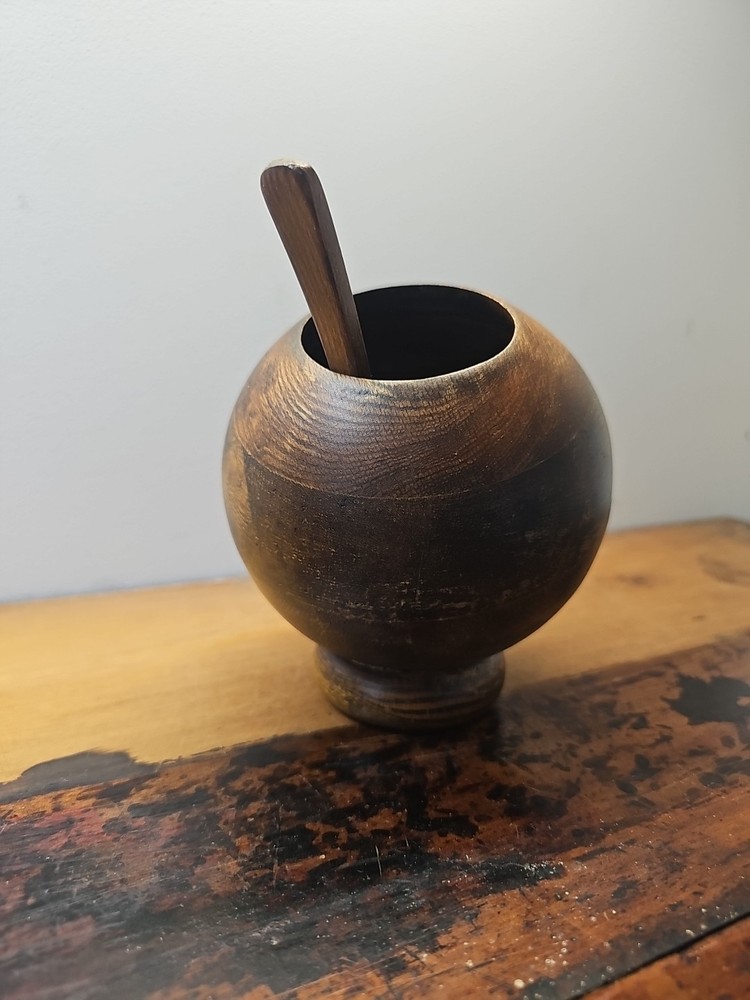 Kitchen  - Teak Salt Cellar With Spoon -  Circa 1970s/ 80s