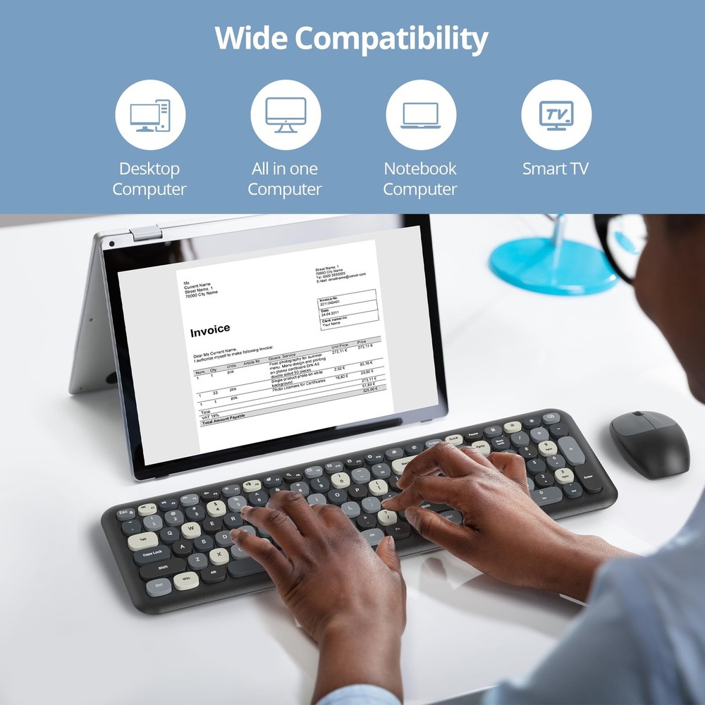 iRoboosta Black White Wireless Keyboard and Mouse Combo, 2.4GHz Retro Typewri...