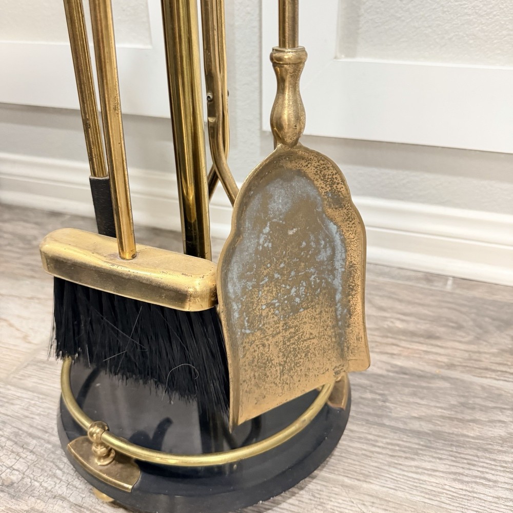 VTG Black Marble Handles And Base Brass Fireplace Tool Set