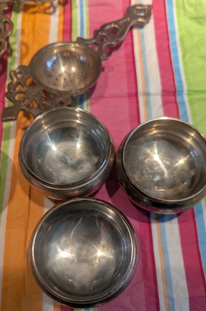 4 Sets Vintage Silverplate Tea Bag Strainers Drip Dish