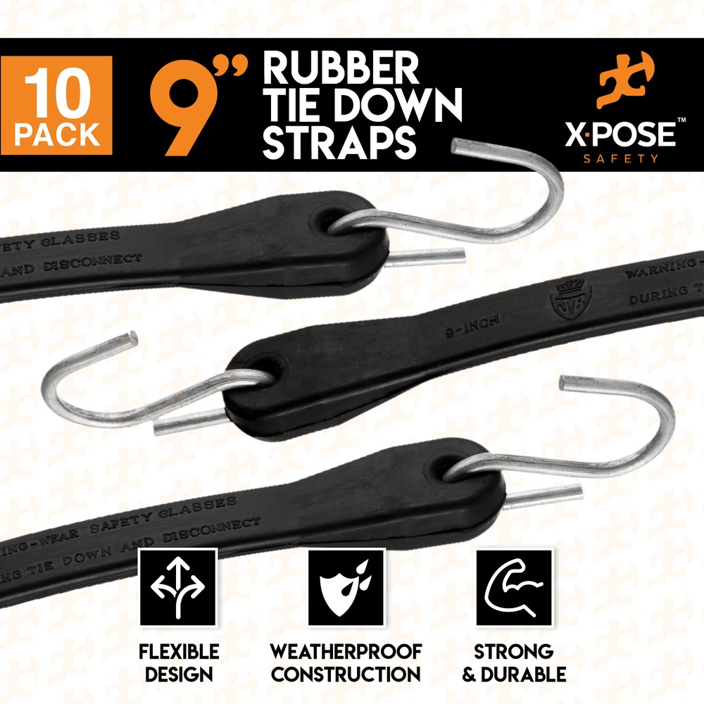 Rubber Bungee Cords with Hooks 10 Pack 9 Inch (18” Max Stretch)