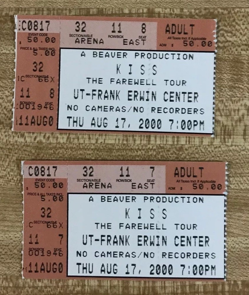 KISS Concert Farewell Tour Ticket Stubs Aug 17, 2000 Austin Texas