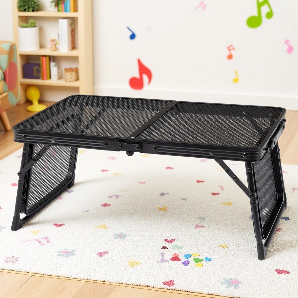 3ft Folding Camping Wire Mesh Table - Side Wings Adjustable Aluminum Frame Black