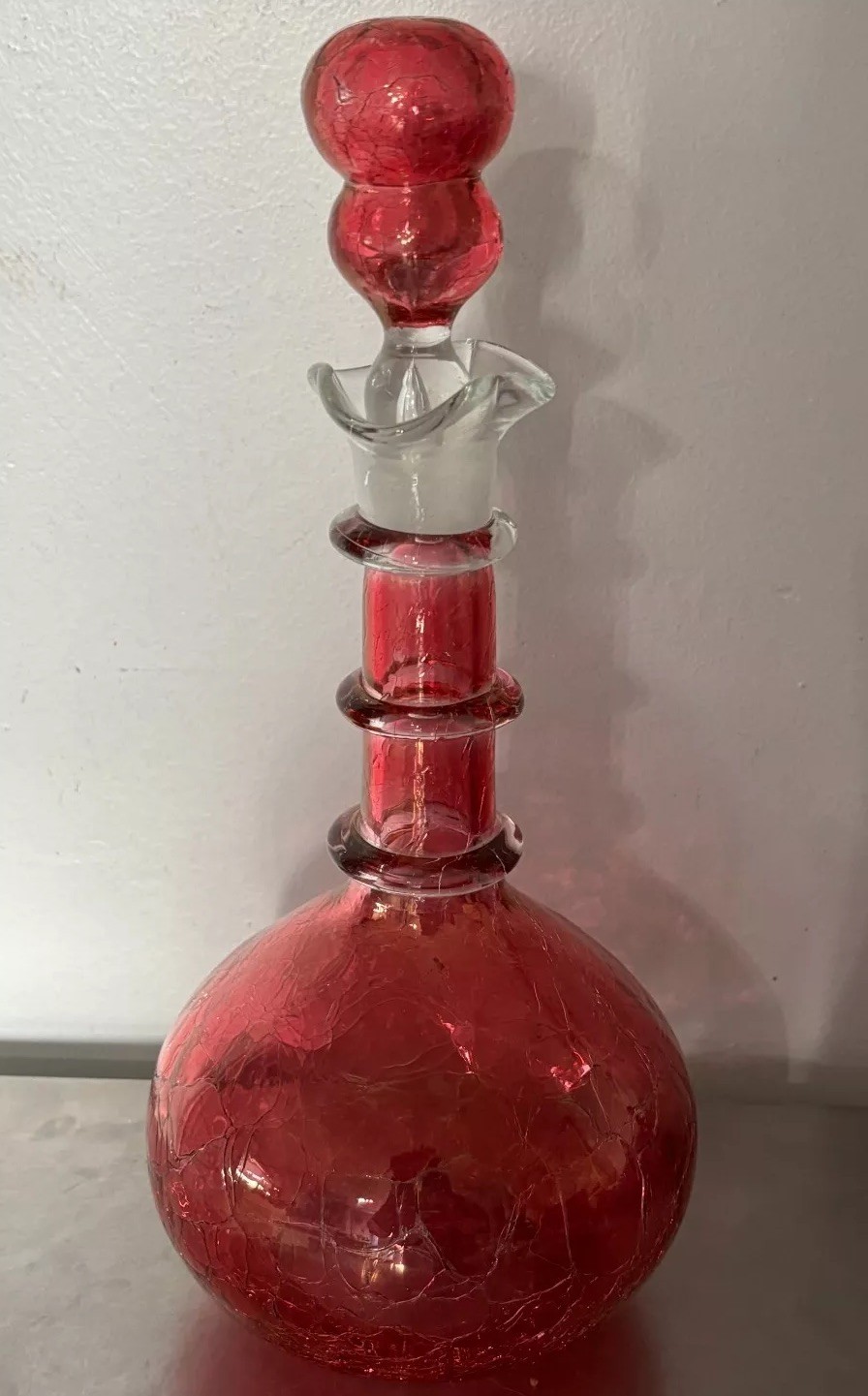 VTG Rainbow Ruffled Glass Crackle Decanter & Stopper Red Clear Rigaree Free Ship
