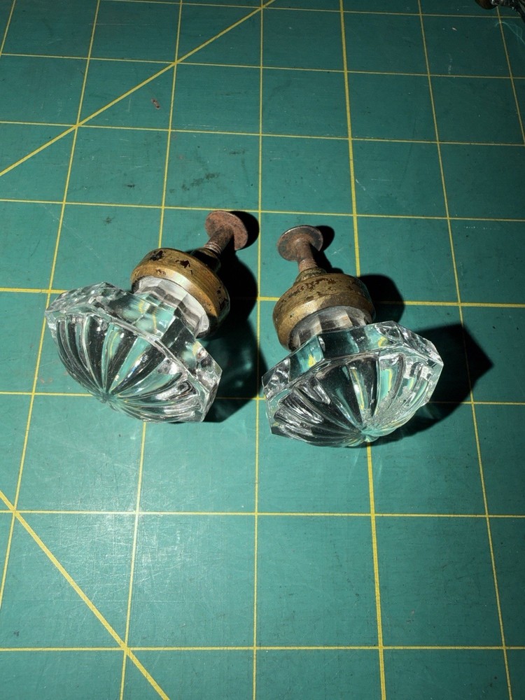 Pair Vintage Glass Drawer Pulls Fluted Sunburst Cabinet Knobs Brass Shank