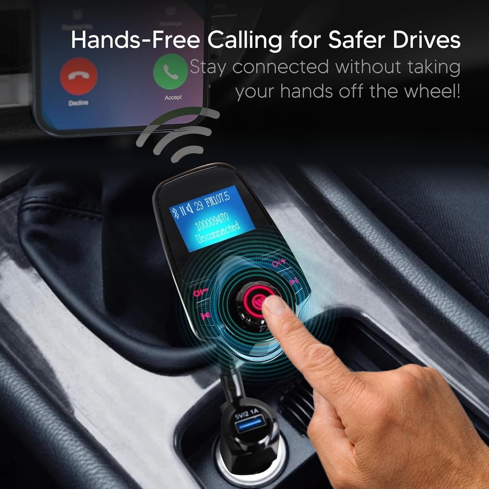 Bluetooth Car FM Transmitter Hands-Free Calling Dual USB Fast Charger AUX SD