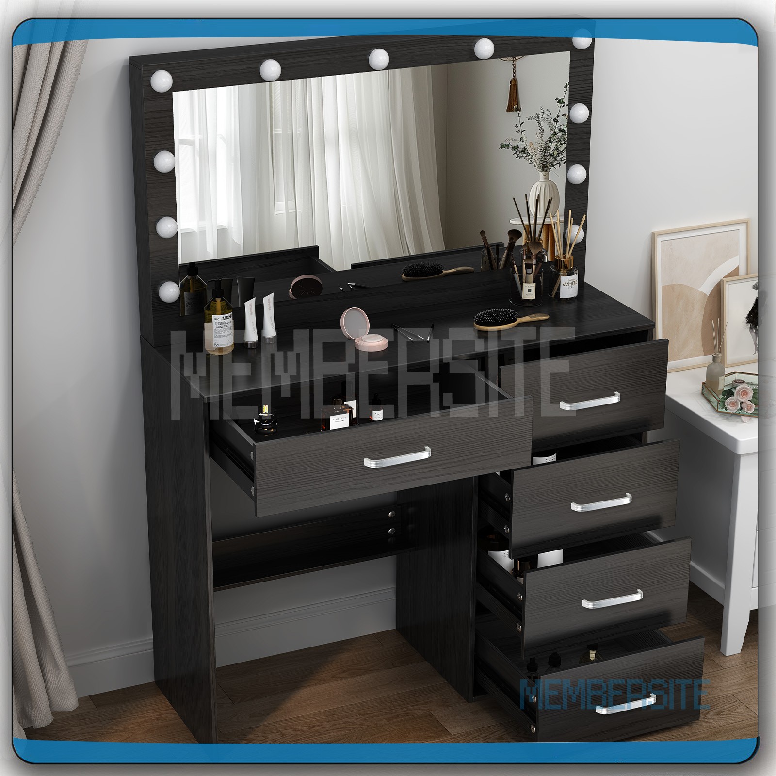 Black Vanity Desk w/Large Mirror &Built -in Hollywood Bulbs Makeup Dressing Desk