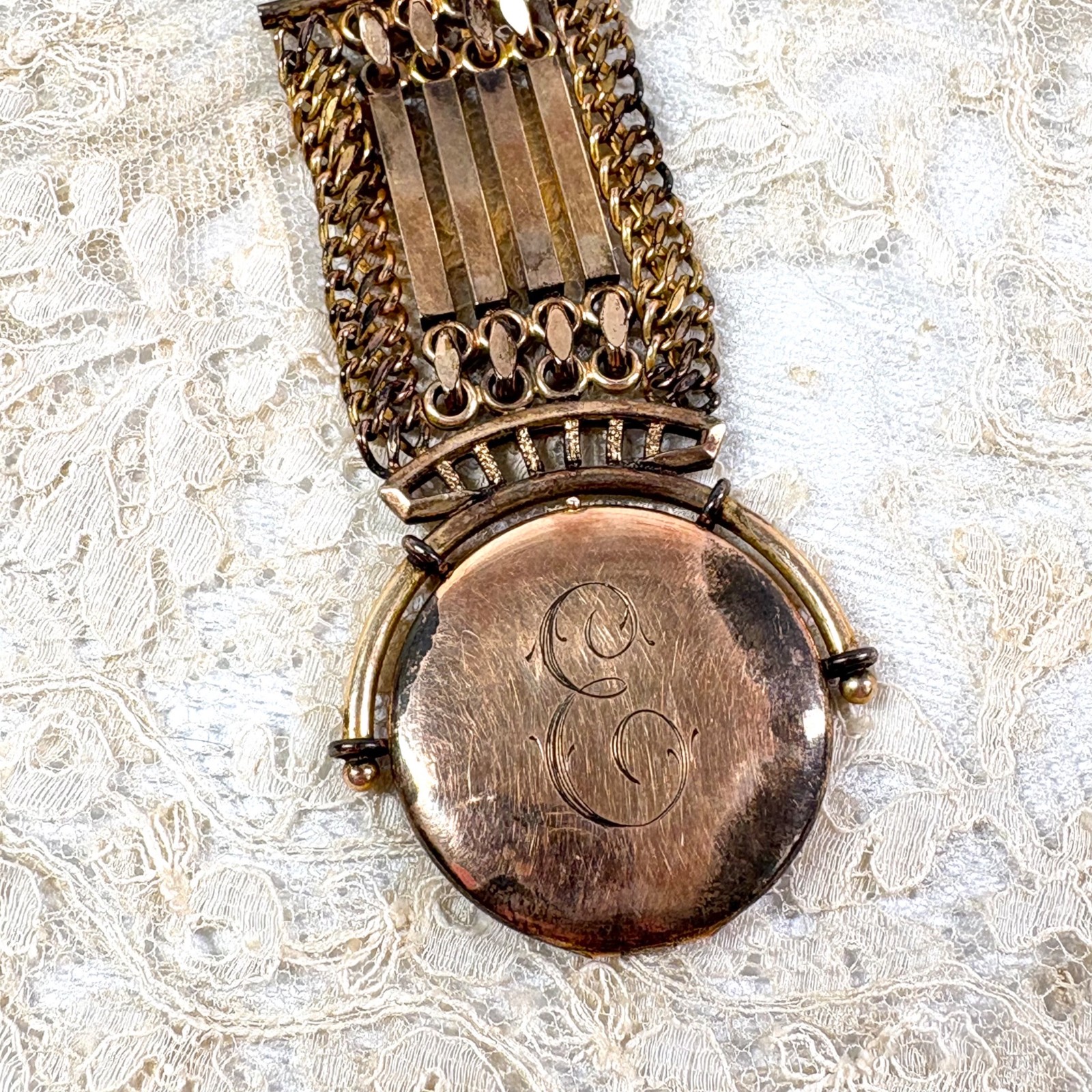 Antique Victorian Gold Filled Initial E Locket Watch Fob Pendant Charm Etched