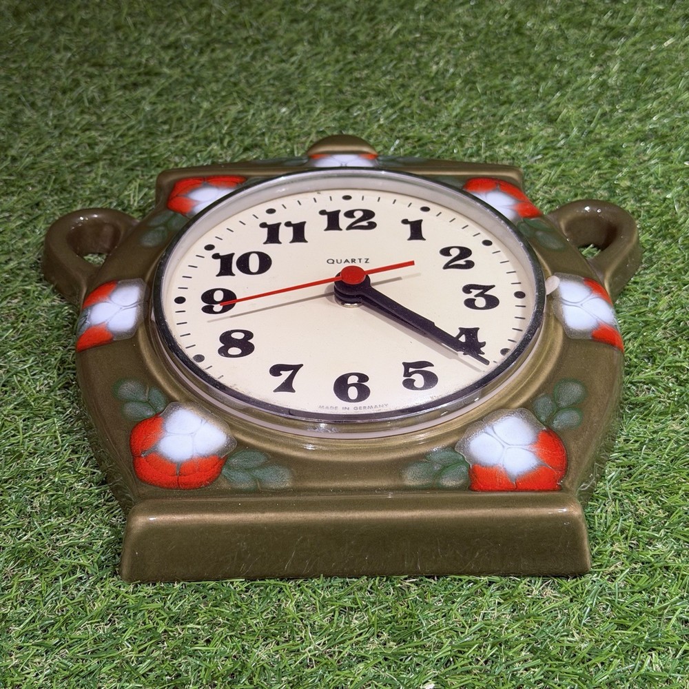Vintage German Wall Clock Lidded Flowered Pot Ceramic / Working