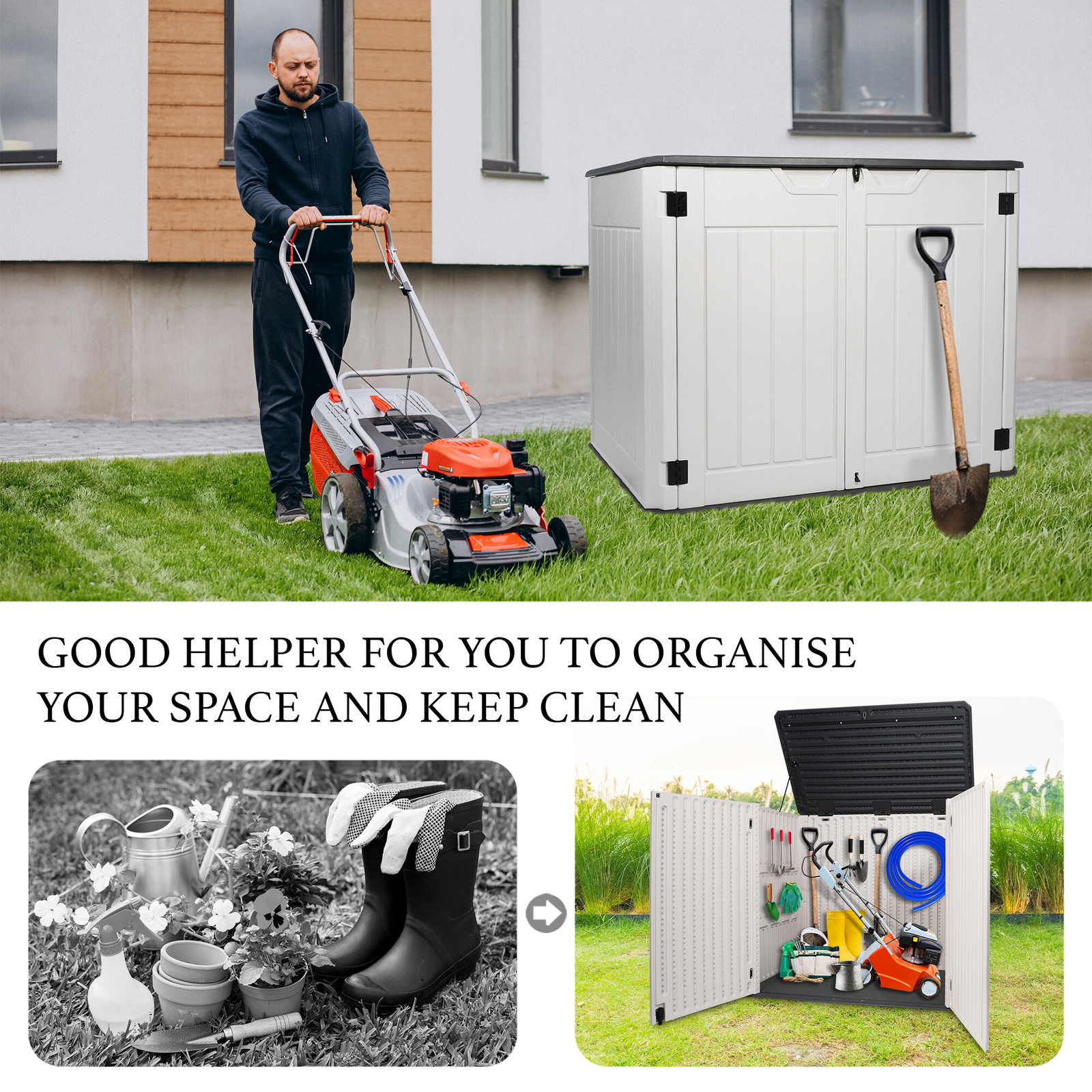 47 Cu.Ft Outdoor Storage Box Horizontal Resin Patio Garden Shed w/ Lockable Door