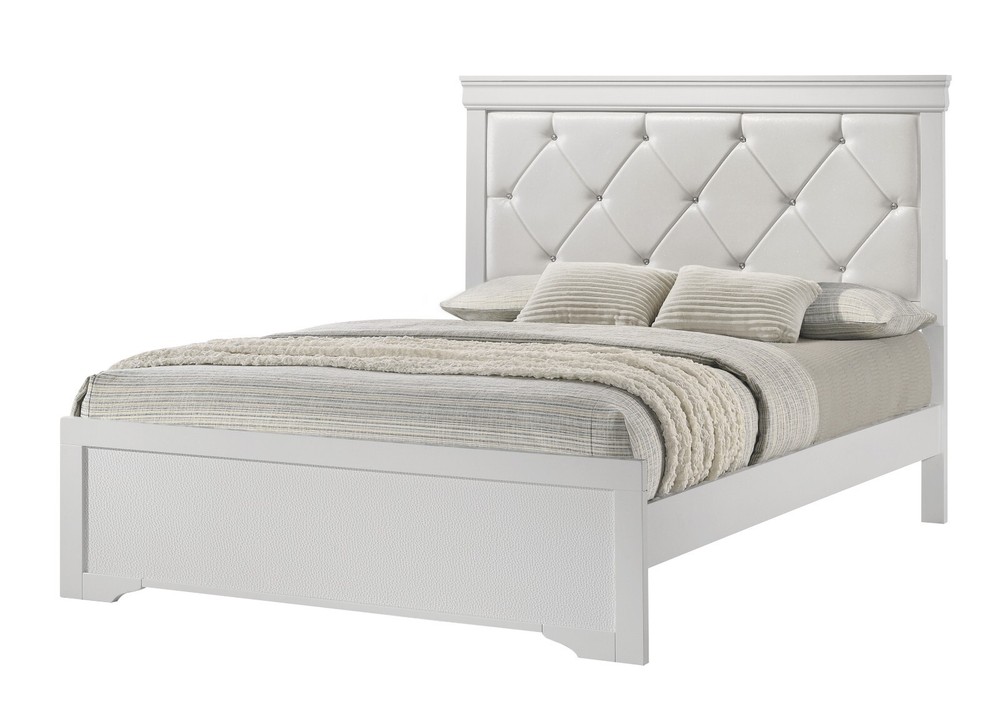 White Queen 5pc Bedroom Set Upholstered Diamond Tufted Headboard Panel Bed