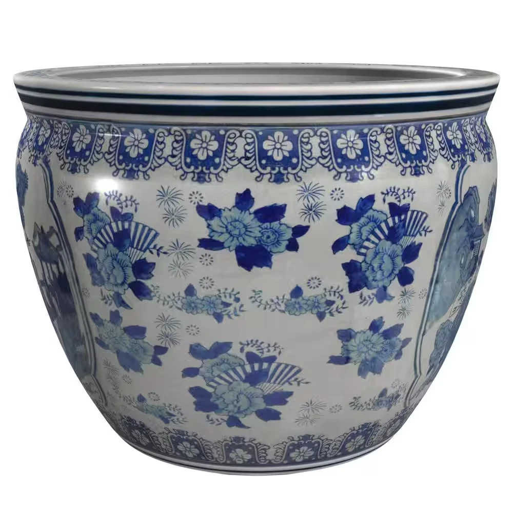 Red Lantern 14 in. Ladies Blue and White Porcelain Fishbowl