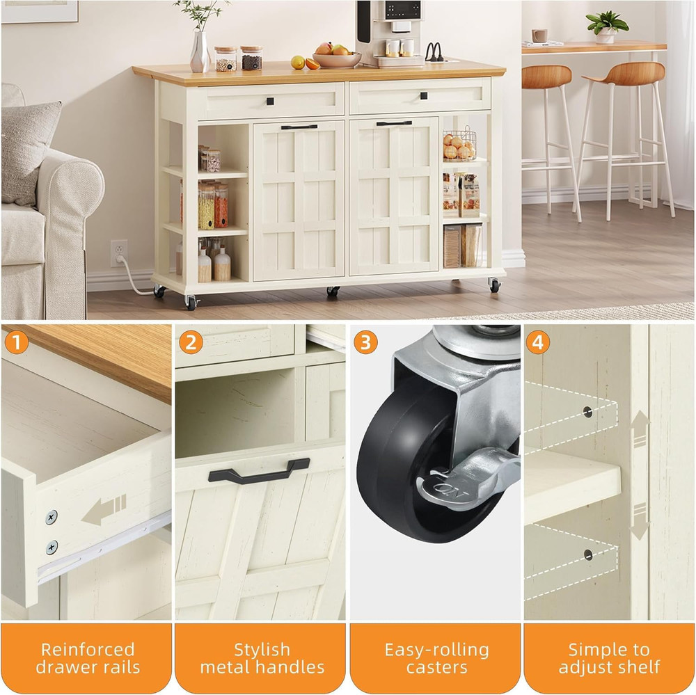 Mobile Kitchen Island with Drop Leaf & Trash Can, Off White Storage Table