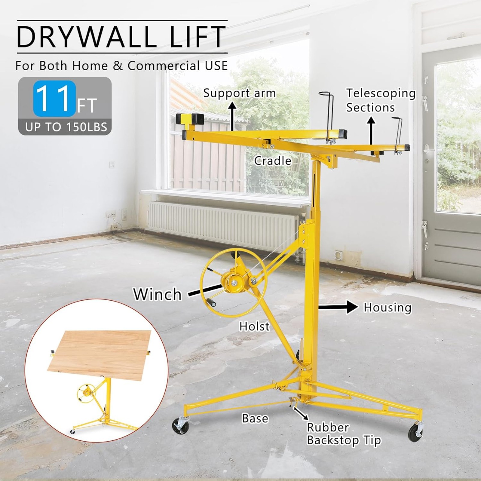 11FT 150lbs Drywall Lift Panel Hoist Plasterboard Sheetrock Jack Lift Rolling