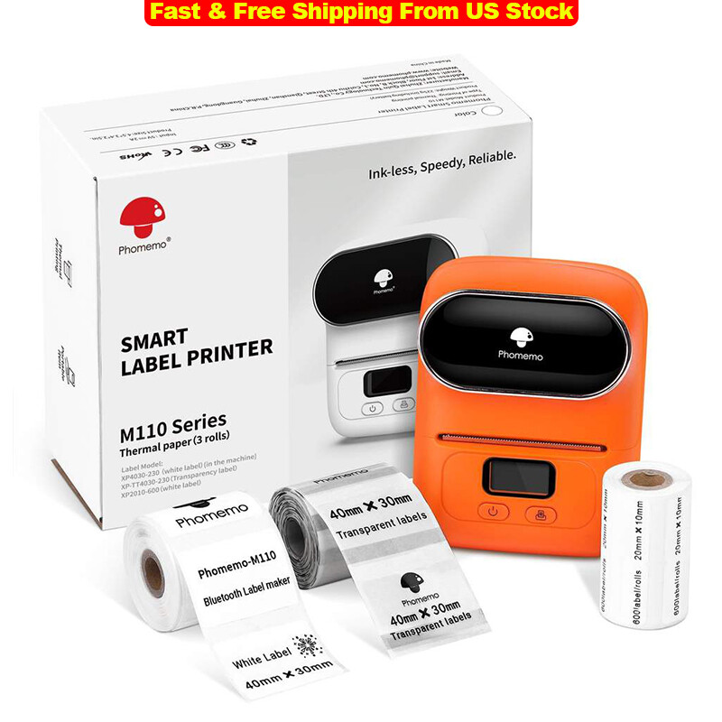 Phomemo M110 Portable Thermal Label Printer Mobile Barcode Printer+3 Rolls Paper