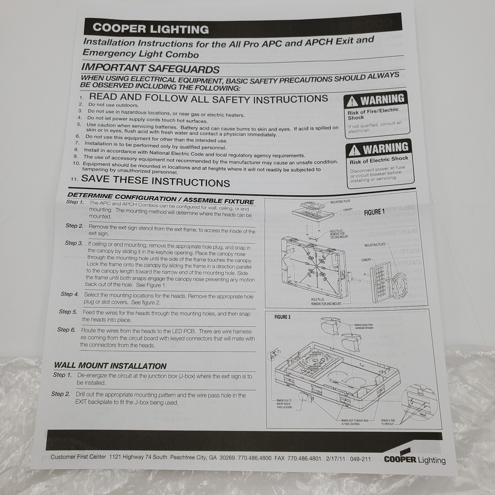 Cooper Lighting All-Pro APC APCH Exit Sign Thermoplastic Faceplate Replacement