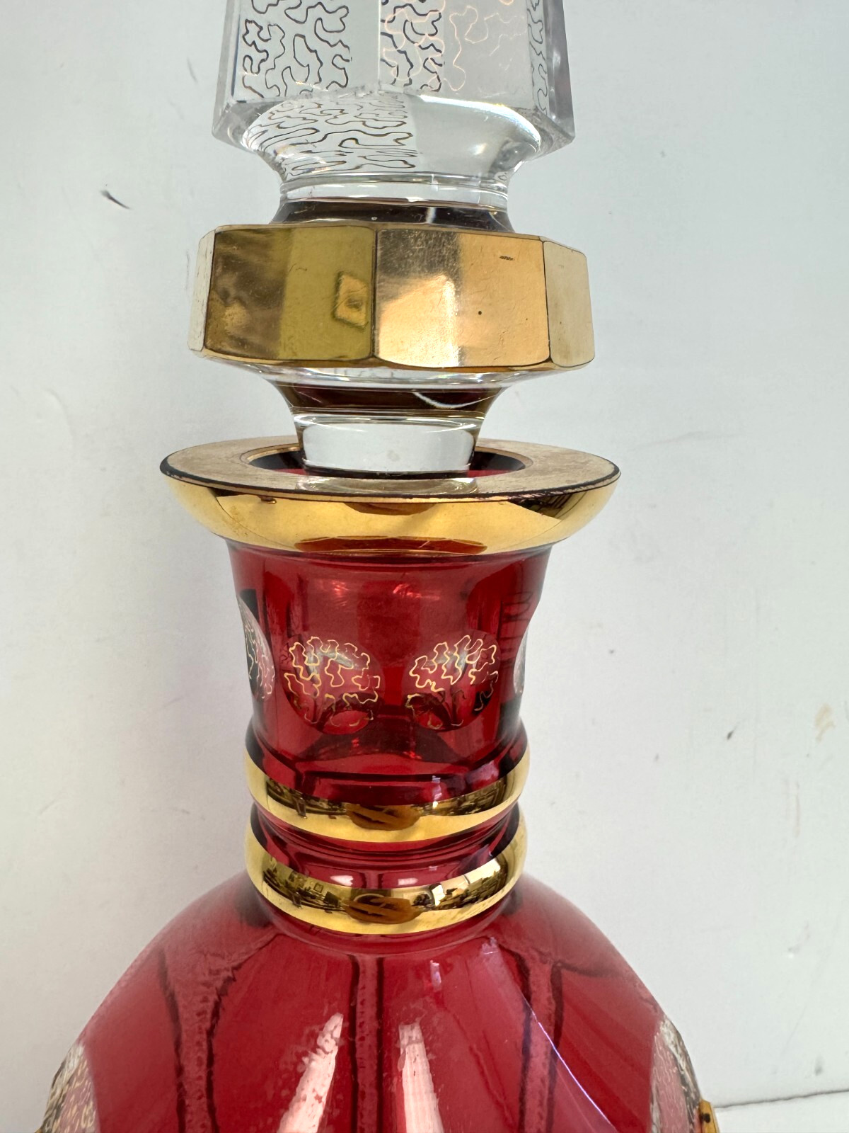 Vintage Bohemian Cranberry Crystal Decanter 18.25" H w/Gold Accents Moser?