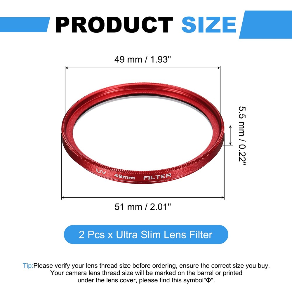 2Pcs 49mm Ultra Slim Lens Filter Multi Coating Camera Len Filter, Red