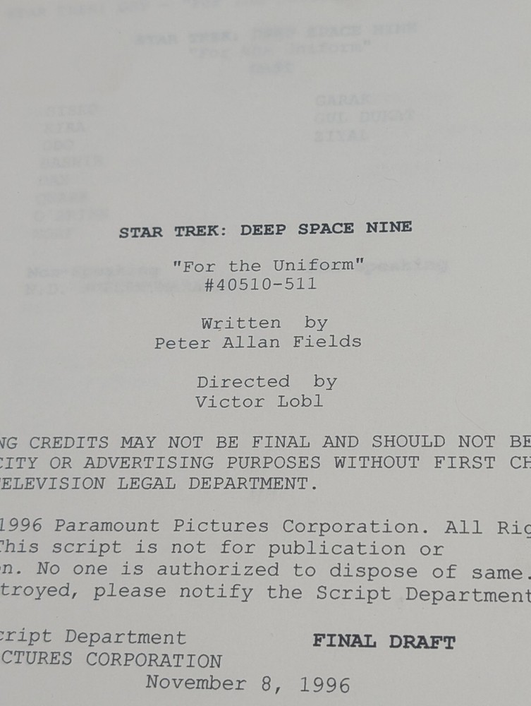 Star Trek Deep Space Nine Script For the Uniform #40510-511 Final Draft 1996