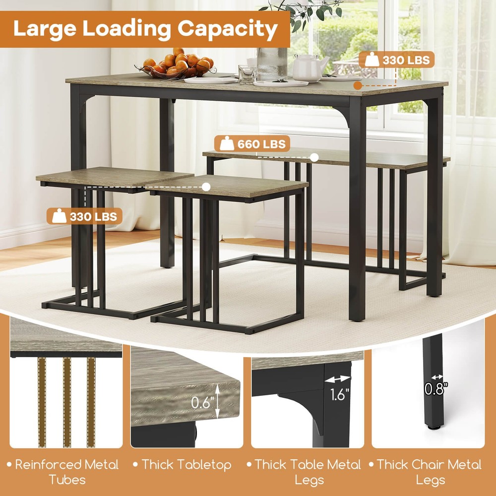 4-Piece Dining Table Set Industrial Kitchen Table Set W/ Bench & 2 Stools for 4