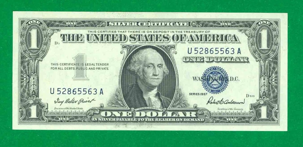 $1 1957 1 U/A BLOCK BLUE SEAL SILVER CERTIFICATE CU.