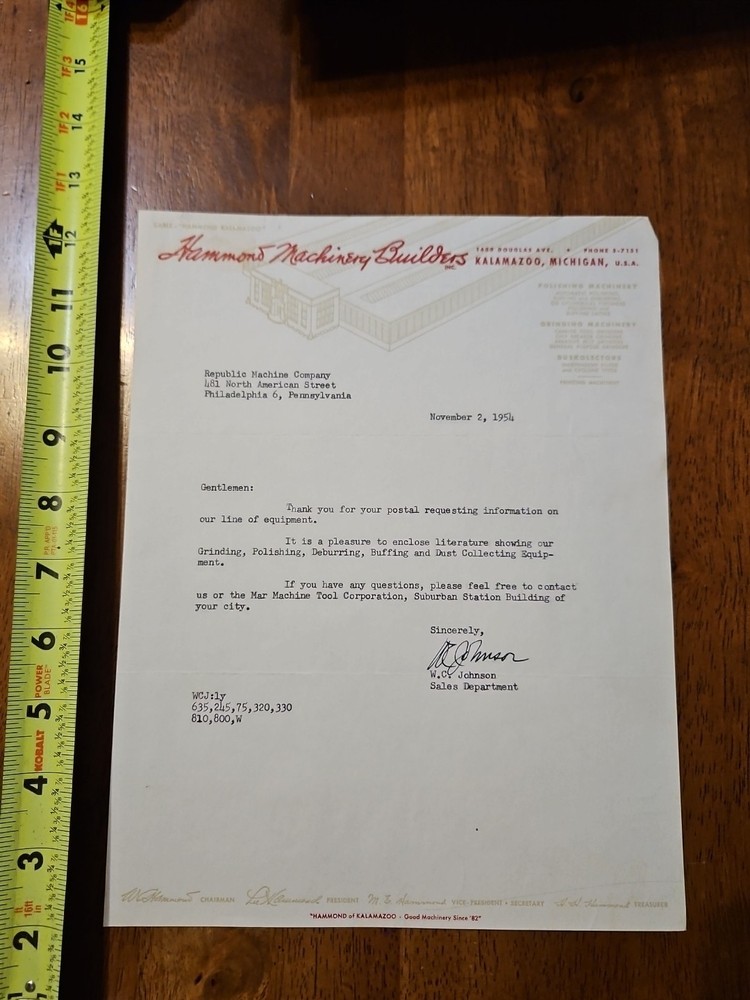 HAMMOND MACHINERY BUILDER LETTERHEAD 1954 MACHINE