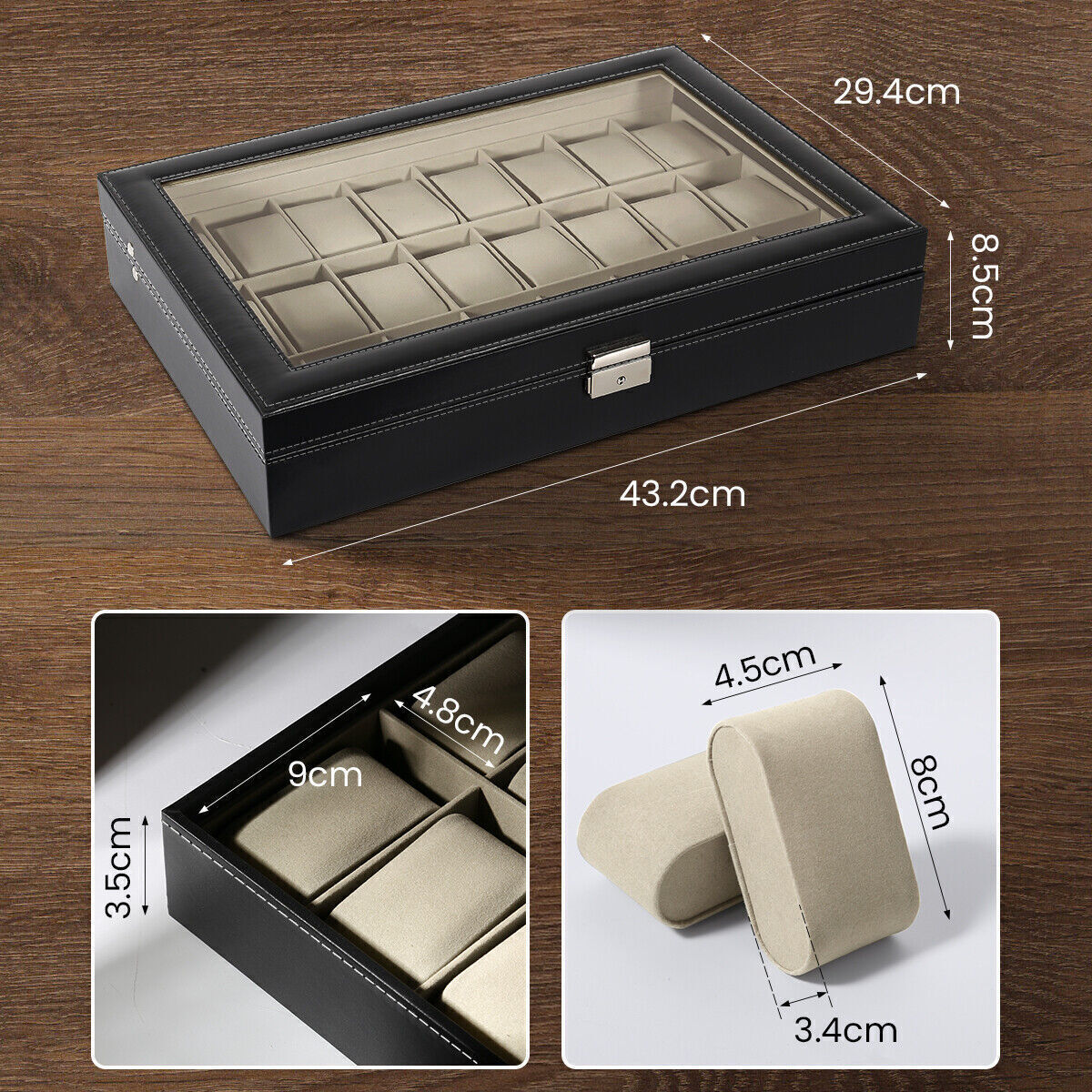 24 Slots Watch Box PU Leather Watch Case Organizer Watch Display Case Lockable