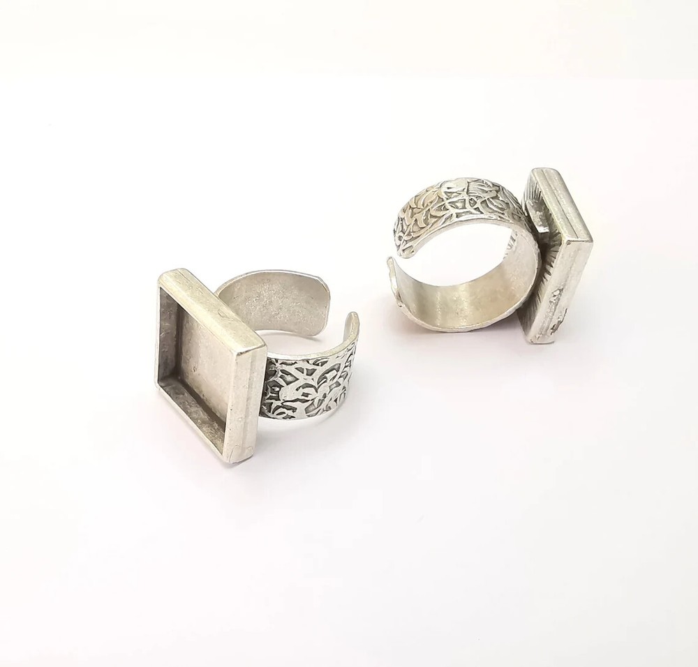 Square Antique Silver Ring Blank Setting, Cabochon Mounting, Adjustable Resin