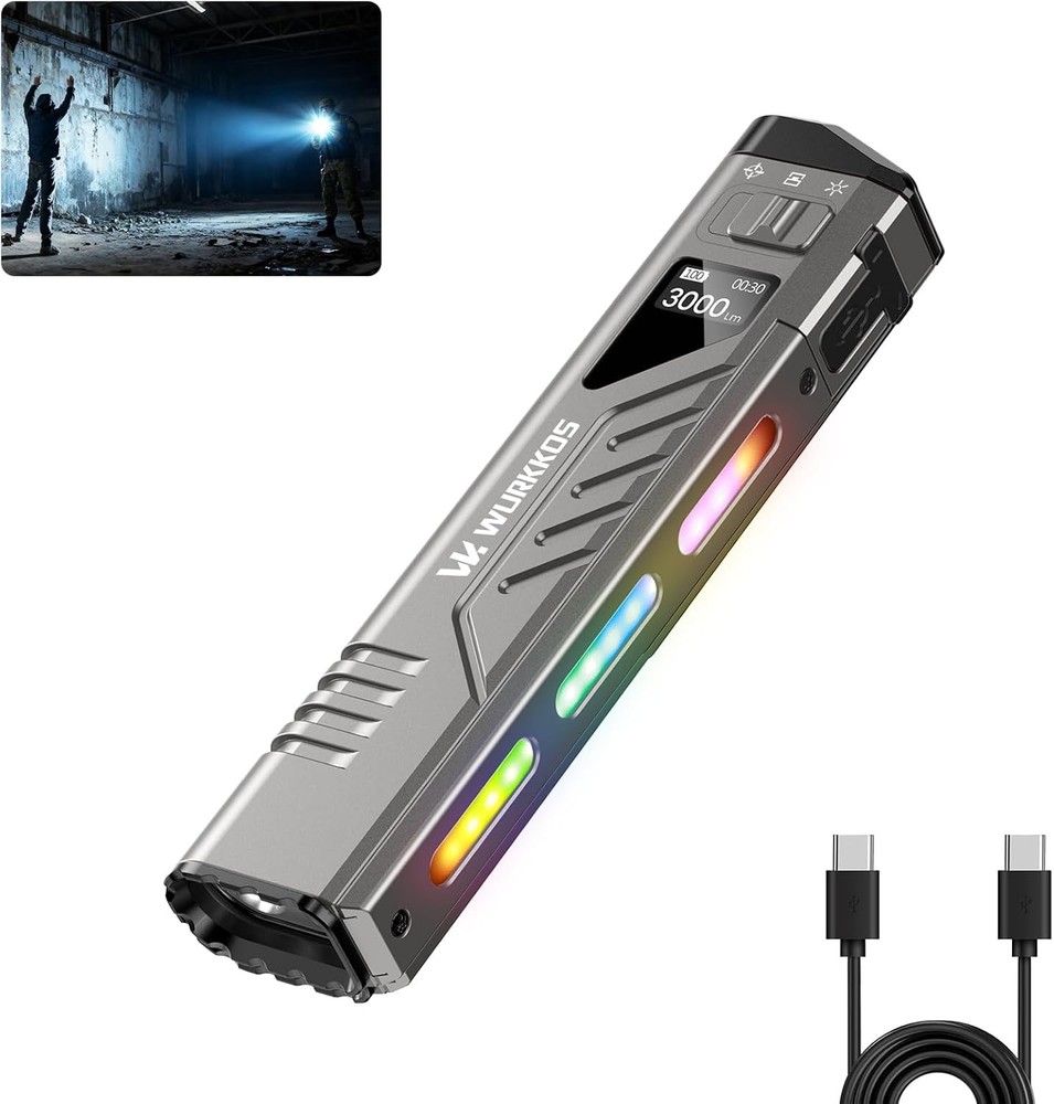 Flashlight, 3000 Lumen Slim Flat Flashlight, USB-C Rechargeable Flashlight with