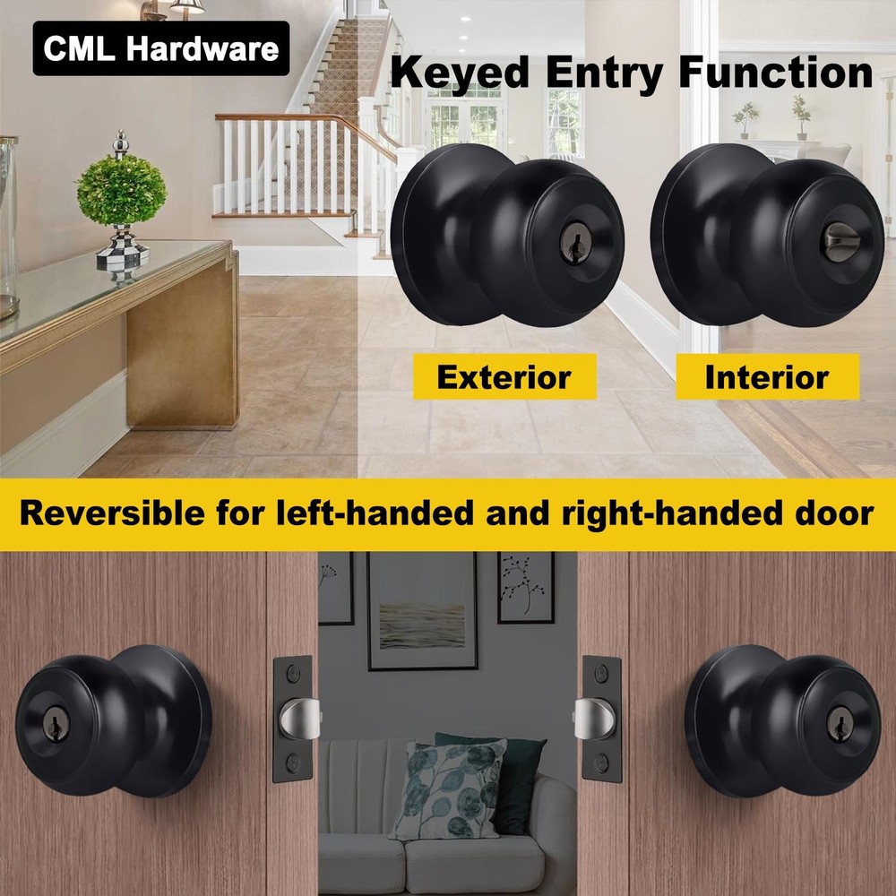 CML Hardware Matte Black Keyed Entry Door Knob for 1 Pack,