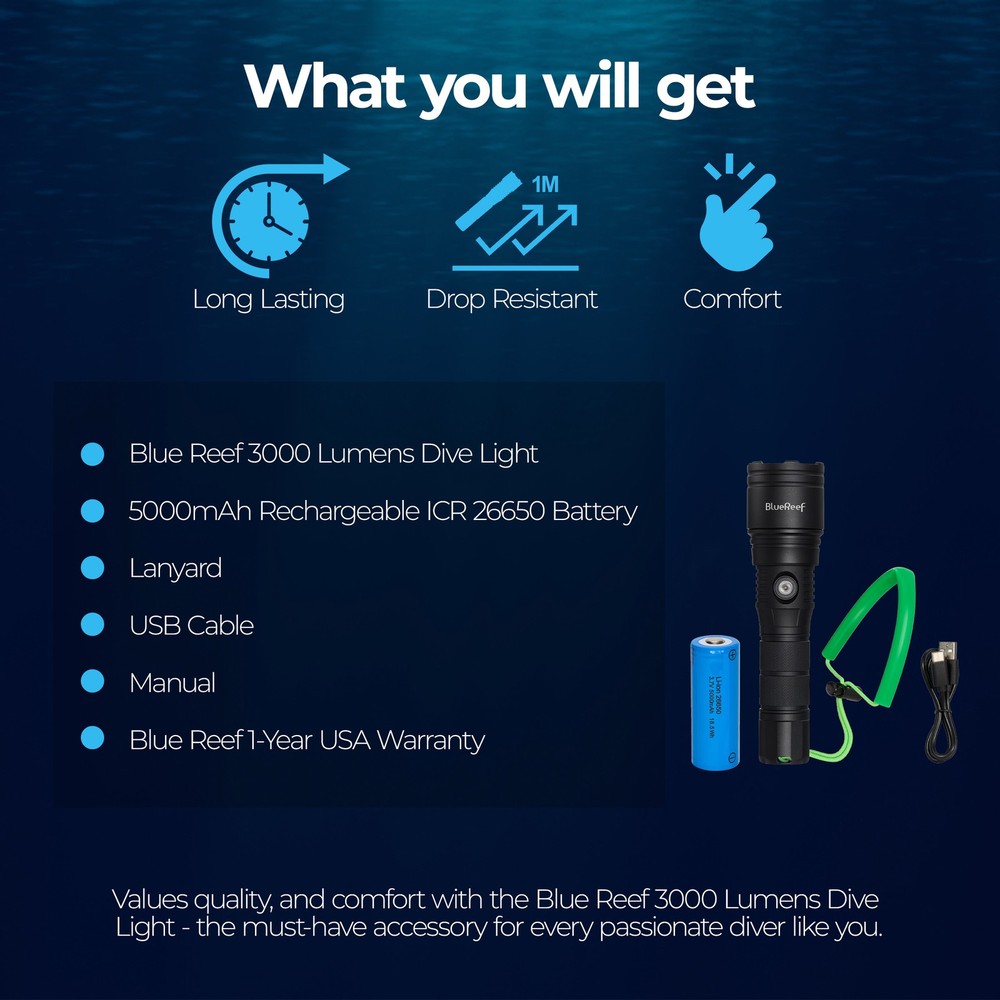 Blue Reef 3000 Lumens Zoomable Dive Light