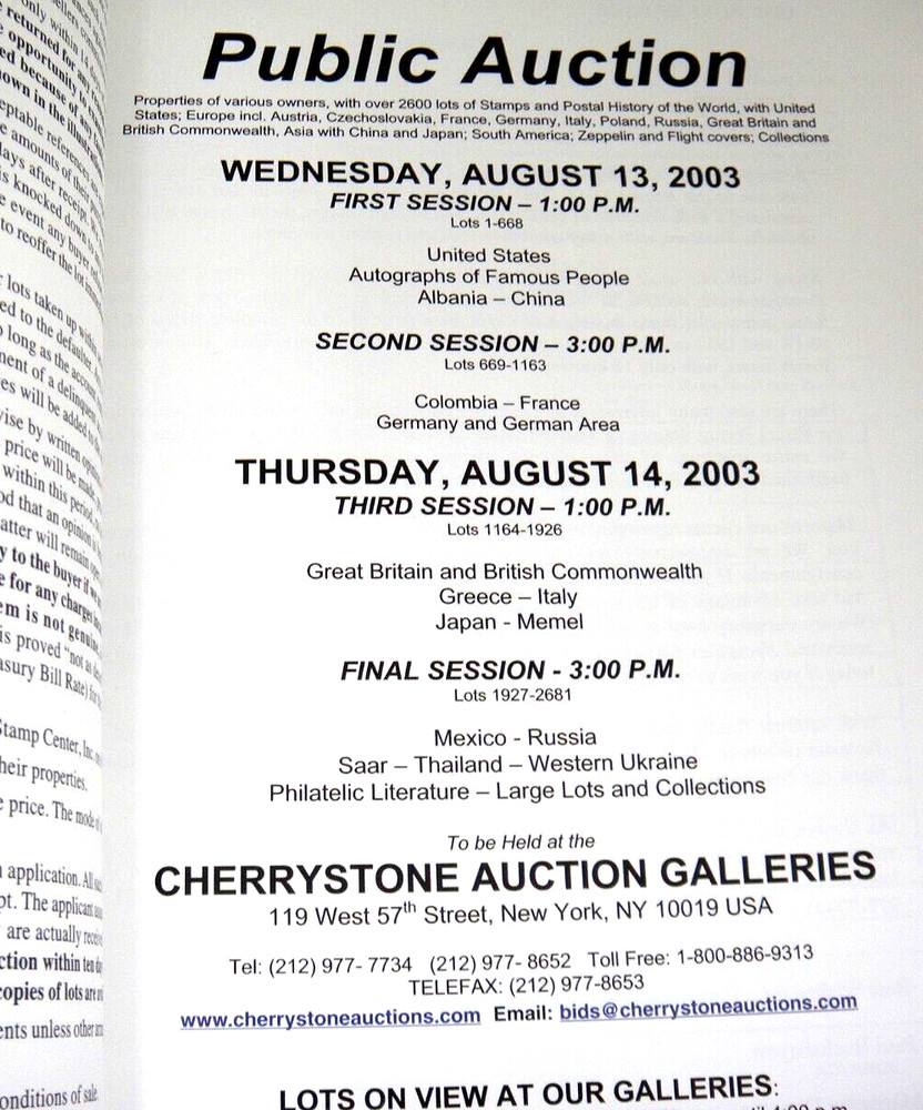 Cherrystone Stamp Auction Catalog 2003 Autographs Zeppelin US Foreign Literature