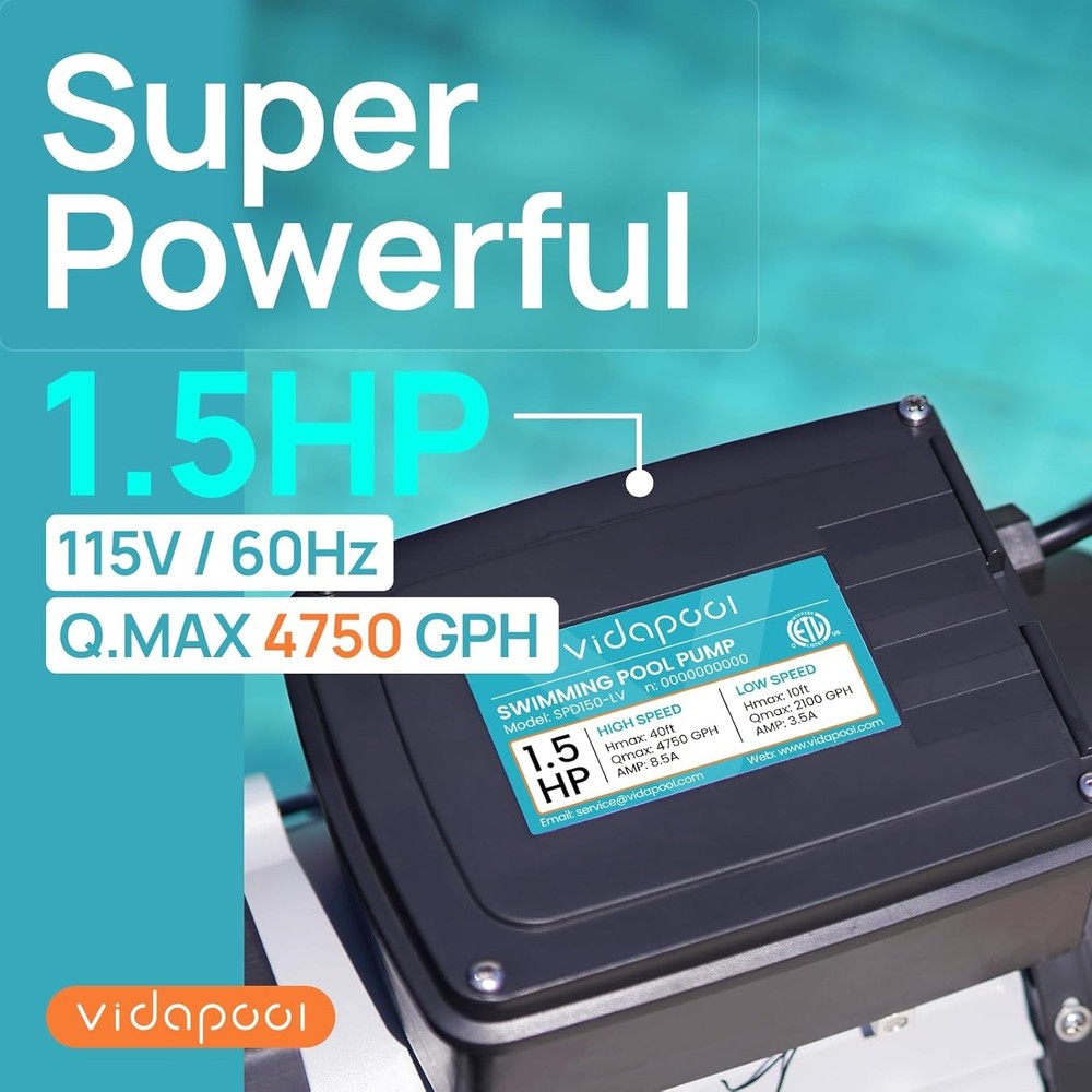 VIDAPOOL In/Above Ground Pool Pump, Self Primming High Flow with Timer, 1.5HP