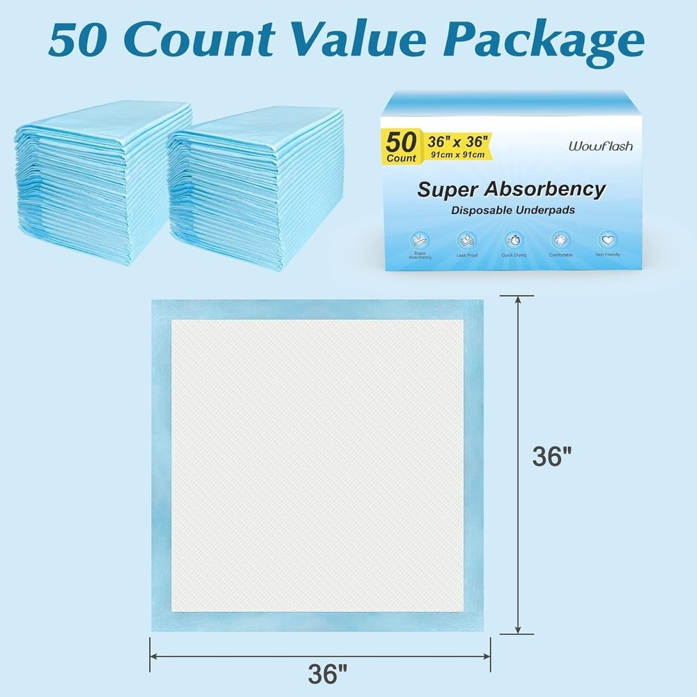 Leakproof and Quick Drying 36" x 36" Disposable Underpads - 50 Count Value Pack