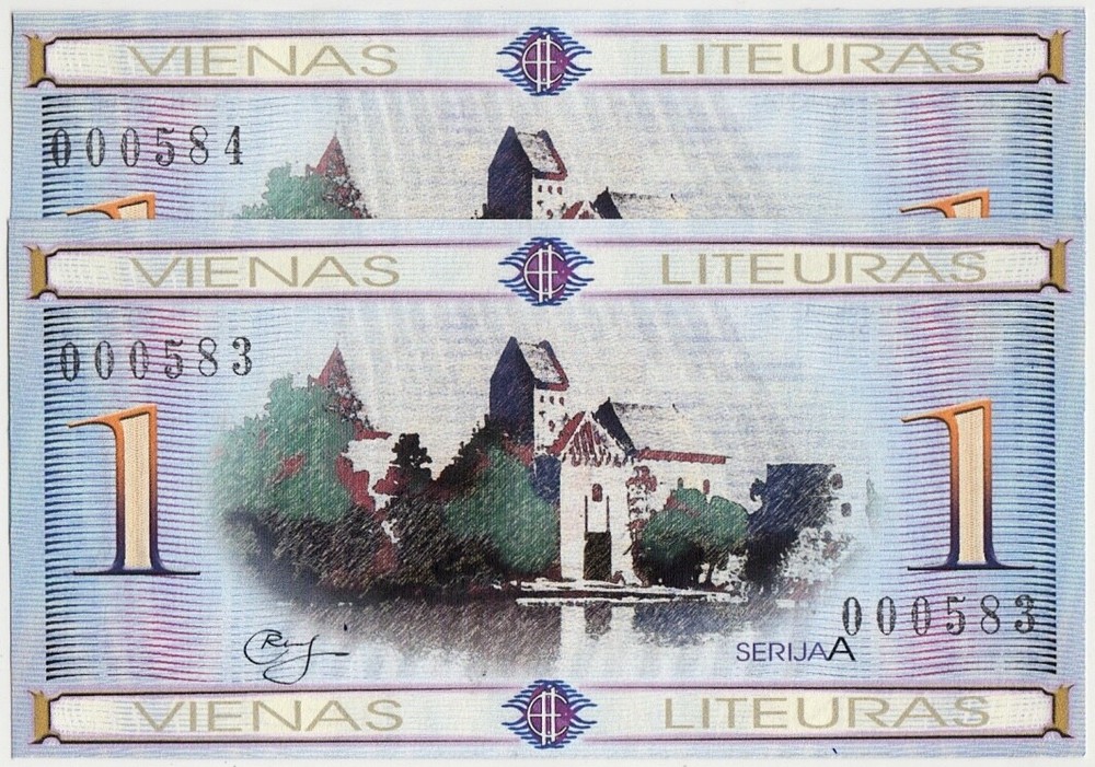 LITHUANIA Commemorative Note 1 LITEURAS - 1 EURO Set 2 Notes Consecutive Number
