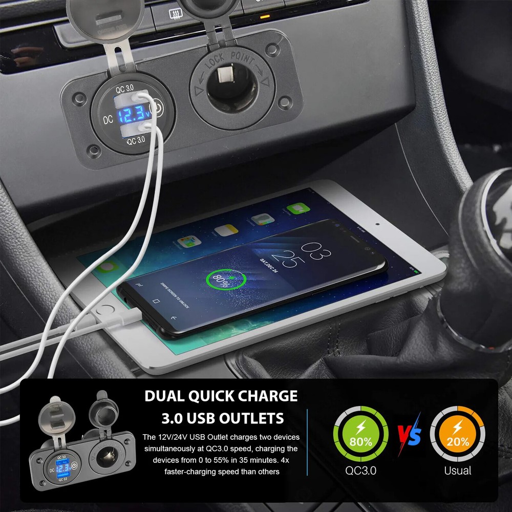 QC3.0 Dual USB Car Fast Charger, Cigarette Lighter Socket Adapter, LED Voltmeter