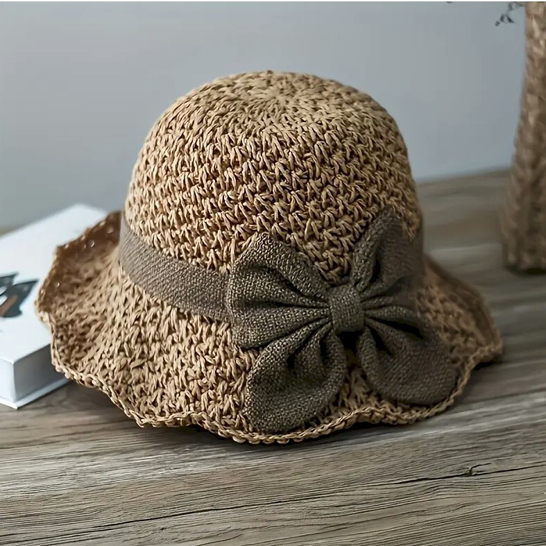 Elegant French Style Sun Straw Hat With Ruffle Bowknot Foldable And Breathable